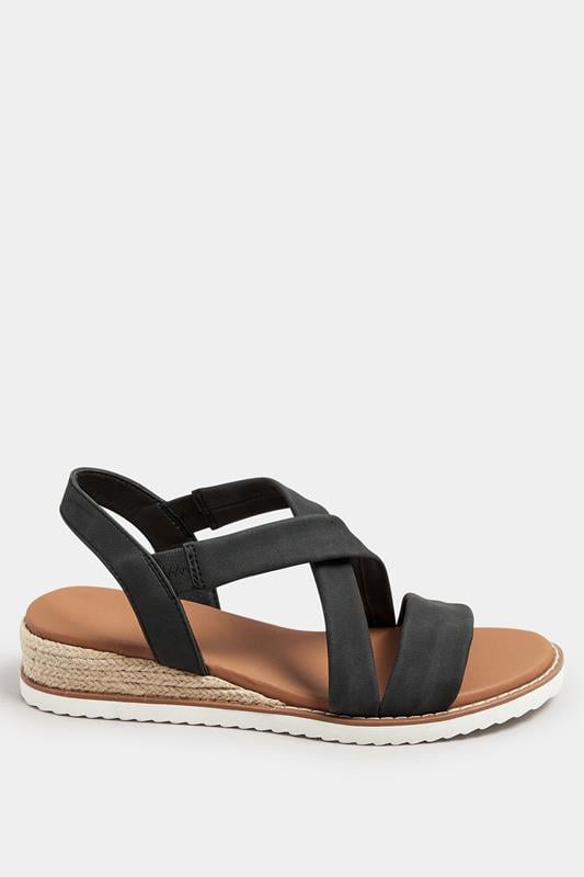 Evans Yours Black Cross Over Strappy Wedge Sandals In Wide E & Extra Wide EEE Fit