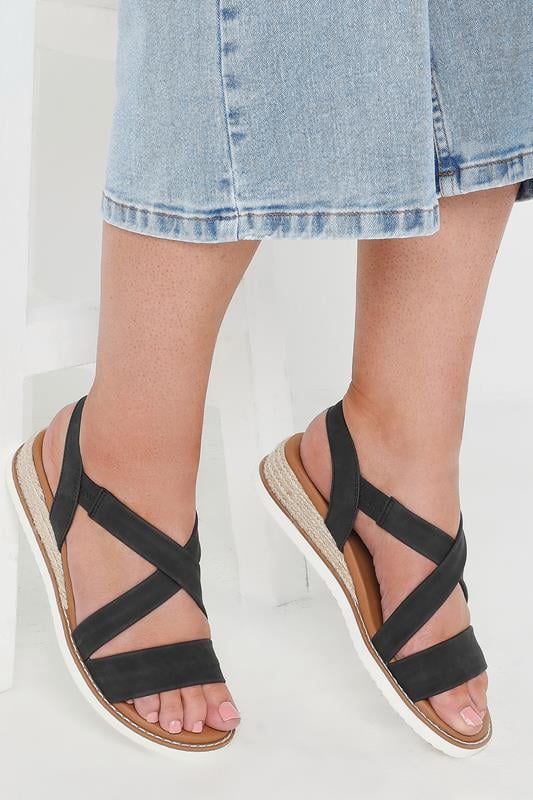 evans Yours Black Cross Over Strappy Wedge Sandals In Wide E & Extra Wide EEE Fit