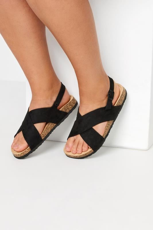 evans Yours Black Cross Strap Footbed Sandals In Wide E & Extra Wide EEE Fit