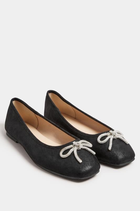 Evans Yours Black Diamante Bow Ballerina Pumps In Extra Wide EEE Fit