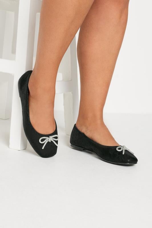 evans Yours Black Diamante Bow Ballerina Pumps In Extra Wide EEE Fit