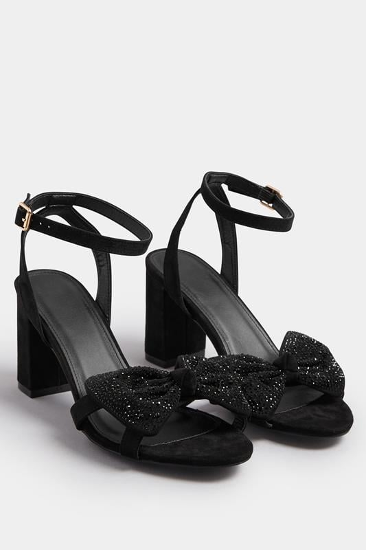 Evans Yours Black Diamante Bow Block Heel Sandals In Extra Wide EEE Fit