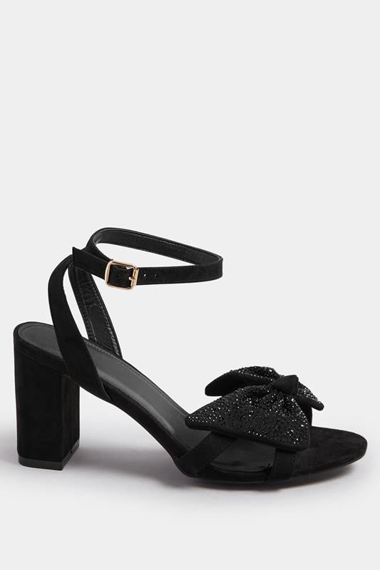 Evans Yours Black Diamante Bow Block Heel Sandals In Extra Wide EEE Fit