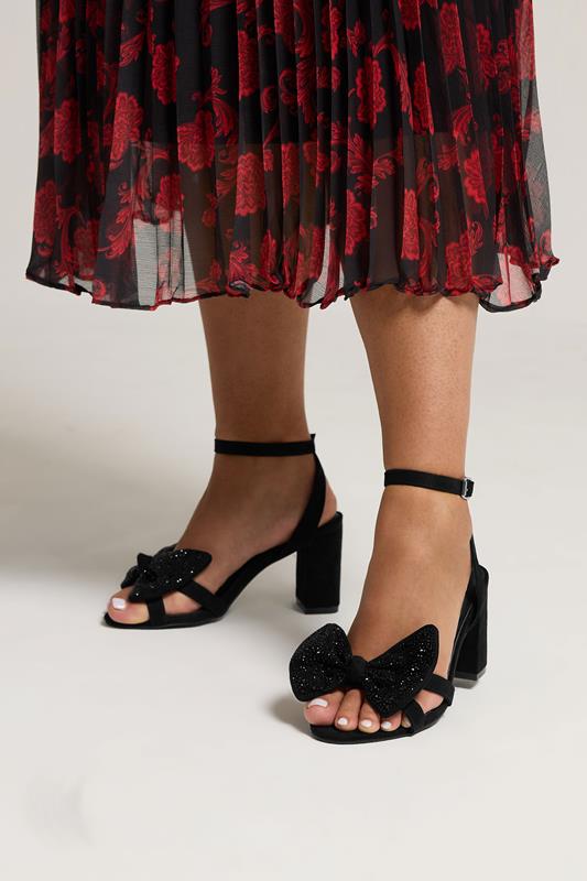 evans Yours Black Diamante Bow Block Heel Sandals In Extra Wide EEE Fit
