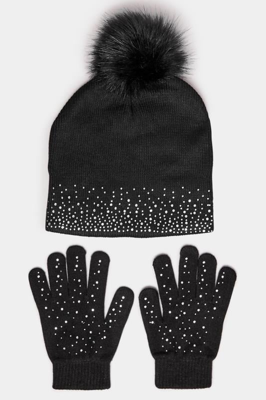 Evans Yours Black Diamante Embellished Bobble Hat & Glove Set