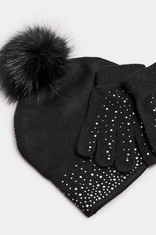 Evans Yours Black Diamante Embellished Bobble Hat & Glove Set