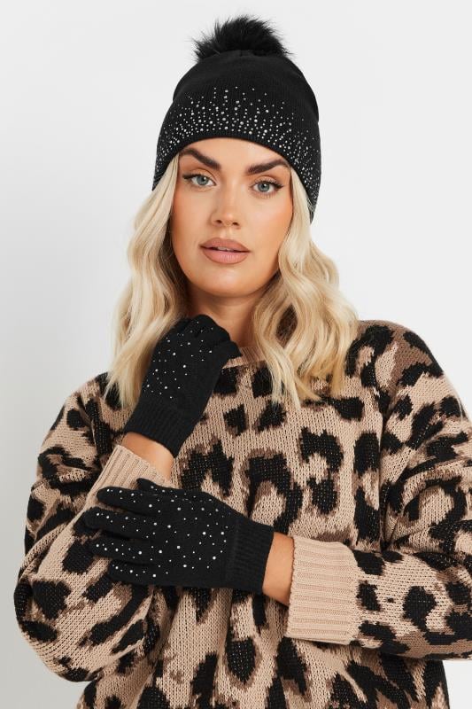 evans Yours Black Diamante Embellished Bobble Hat & Glove Set