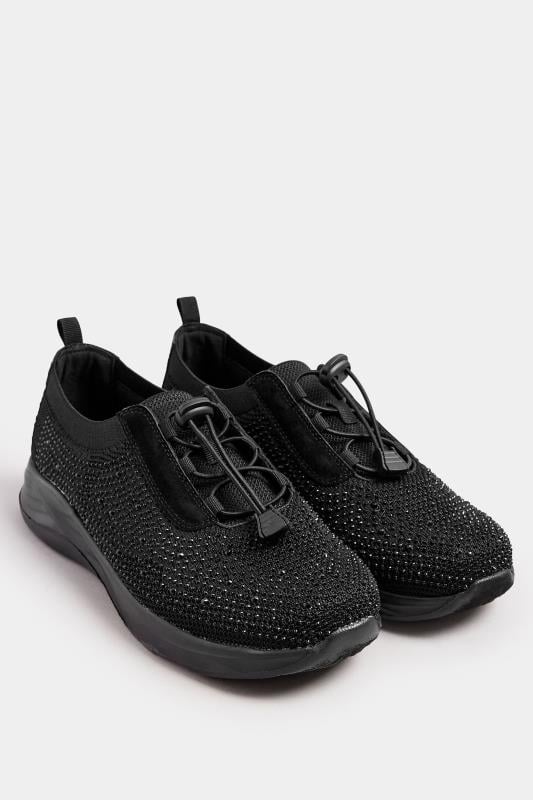Evans Yours Black Diamante Embellished Drawcord Trainers In Extra Wide EEE Fit