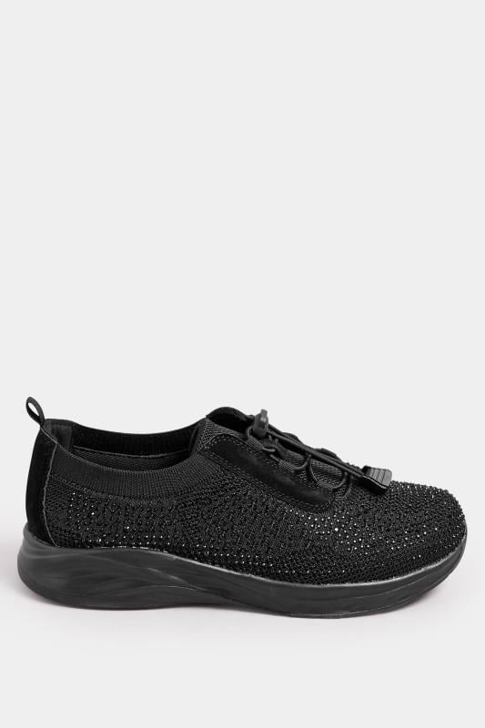 Evans Yours Black Diamante Embellished Drawcord Trainers In Extra Wide EEE Fit