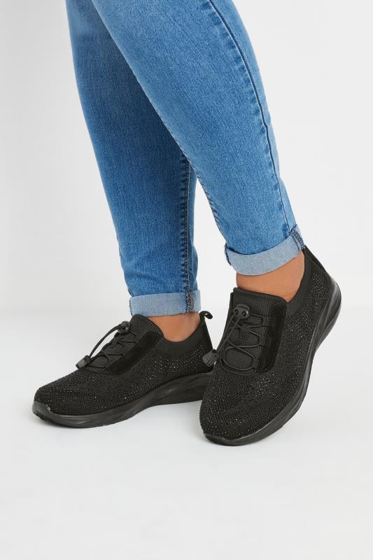 evans Yours Black Diamante Embellished Drawcord Trainers In Extra Wide EEE Fit