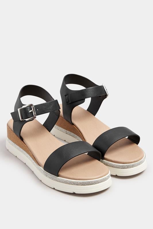 Evans Yours Black Diamante Flatform Sandals In Wide E Fit & Extra Wide EEE Fit
