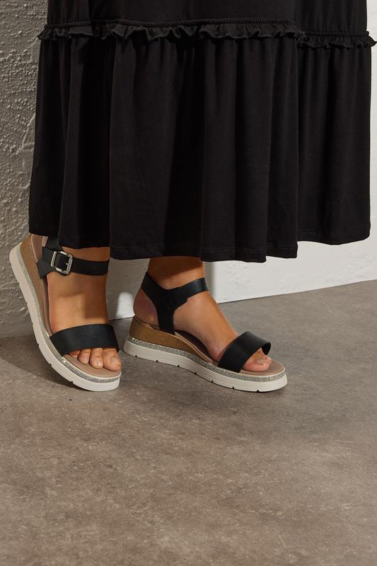 evans Yours Black Diamante Flatform Sandals In Wide E Fit & Extra Wide EEE Fit