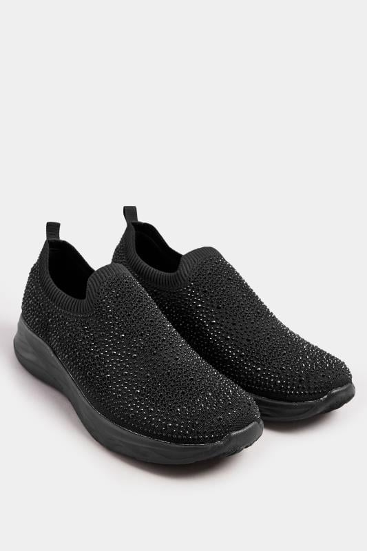 Evans Yours Black Diamante Knitted Slip On Trainers In Extra Wide EEE Fit