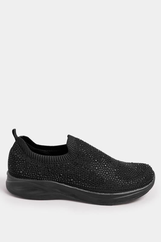 Evans Yours Black Diamante Knitted Slip On Trainers In Extra Wide EEE Fit