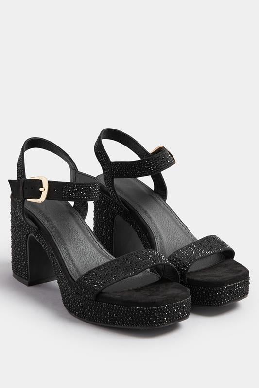 Evans Yours Black Diamante Platform Block Heels In Wide E Fit
