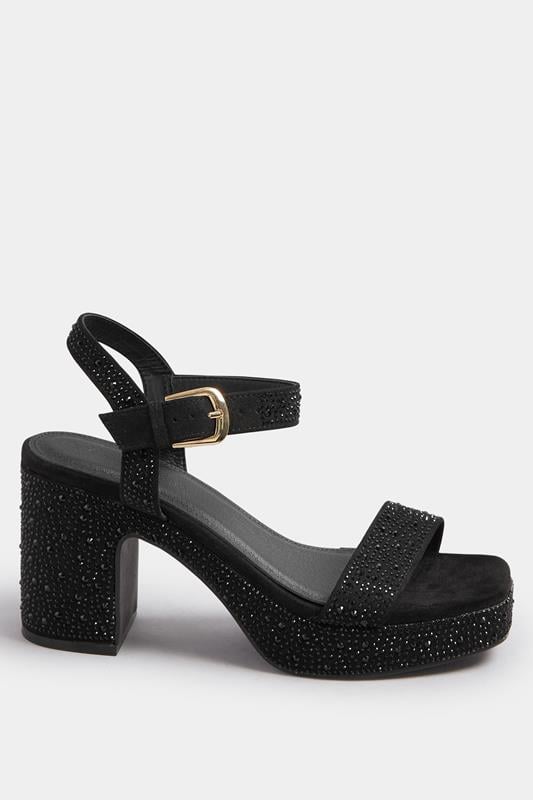 Evans Yours Black Diamante Platform Block Heels In Wide E Fit