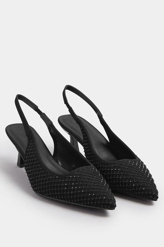 Evans Yours Black Diamante Slingback Court Shoes In Extra Wide EEE Fit