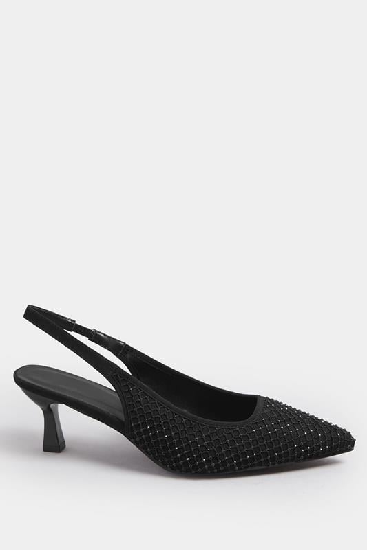 Evans Yours Black Diamante Slingback Court Shoes In Extra Wide EEE Fit