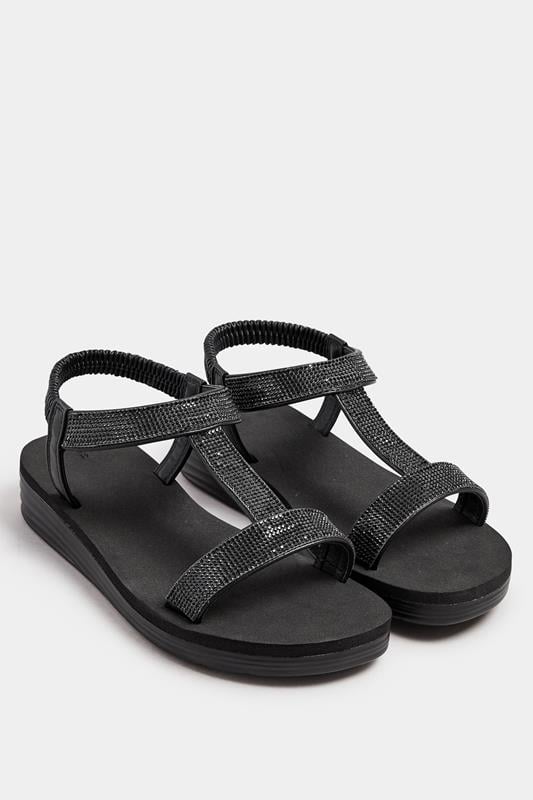 Evans Yours Black Diamante Strap T-Bar Sandals In Wide E Fit