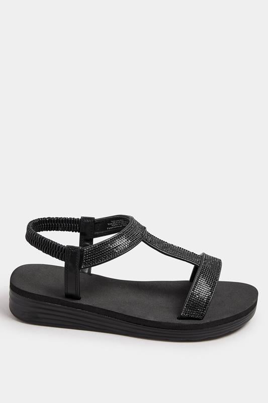 Evans Yours Black Diamante Strap T-Bar Sandals In Wide E Fit
