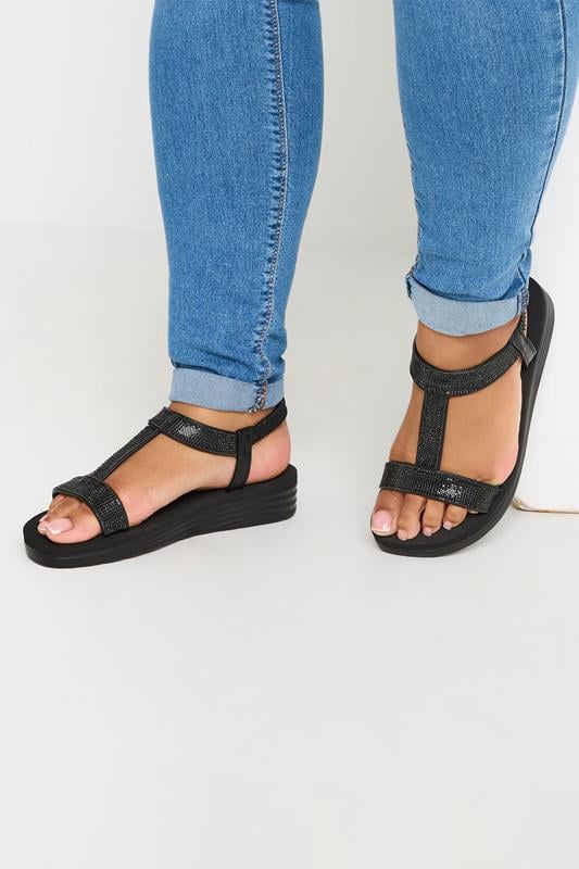 evans Yours Black Diamante Strap T-Bar Sandals In Wide E Fit