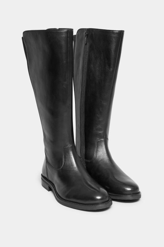 Evans Yours Black Elasticated Knee High Leather Boots In Wide E Fit & Extra Wide EEE Fit