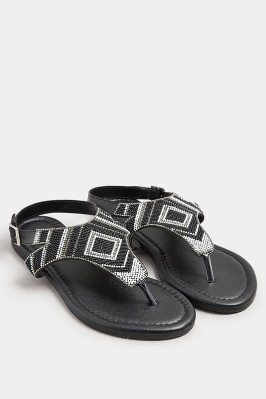 Evans Yours Black Embellished T-Bar Sandals In Wide E & Extra Wide EEE Fit
