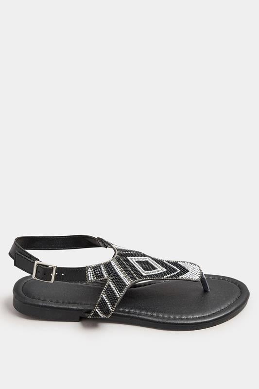 Evans Yours Black Embellished T-Bar Sandals In Wide E & Extra Wide EEE Fit