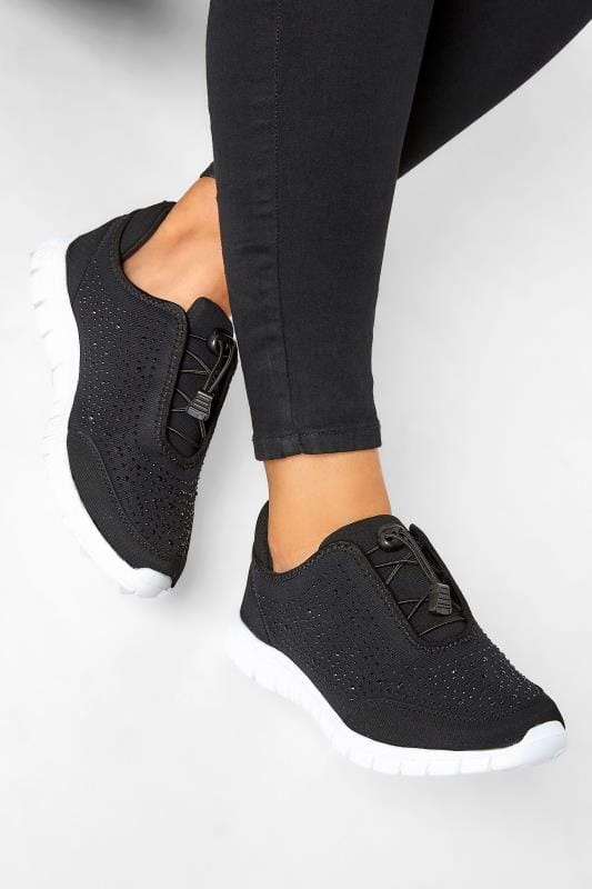evans Yours Black Embellished Trainers In Wide E Fit & Extra Wide EEE Fit