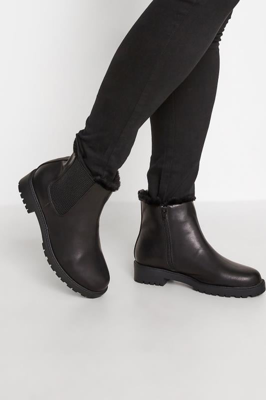 evans Yours Black Faux Fur Chelsea Boots In Wide E Fit & Wide EEE Fit