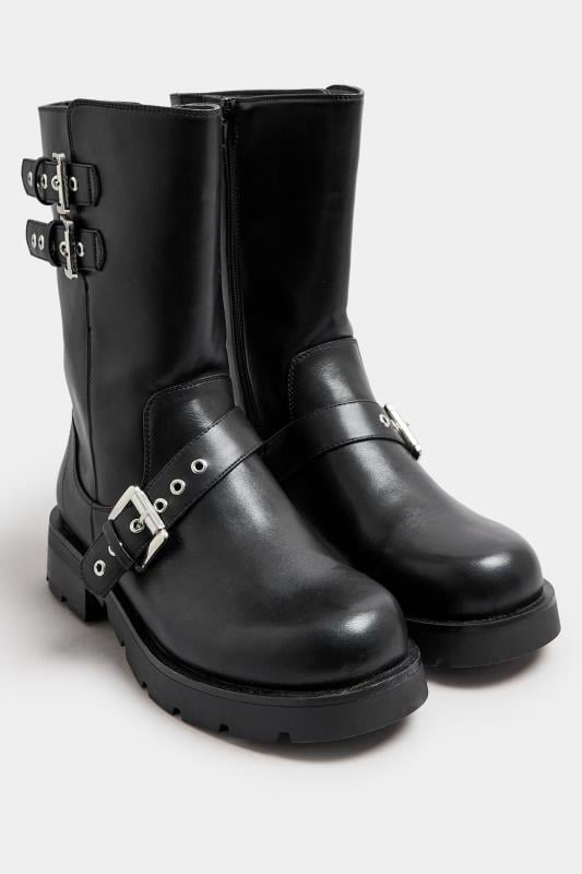 Evans Yours Black Faux Leather Biker Calf Boots In Extra Wide EEE Fit