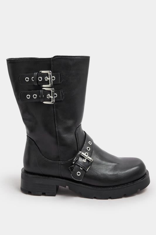 Evans Yours Black Faux Leather Biker Calf Boots In Extra Wide EEE Fit