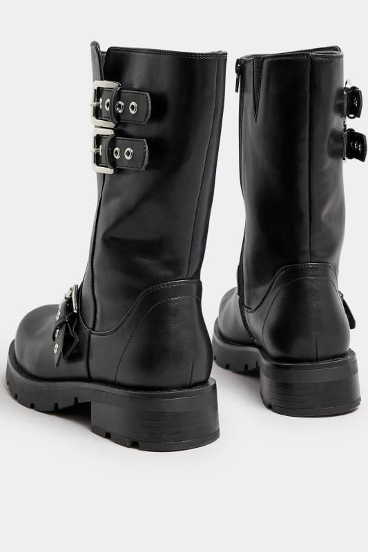 Evans Yours Black Faux Leather Biker Calf Boots In Extra Wide EEE Fit