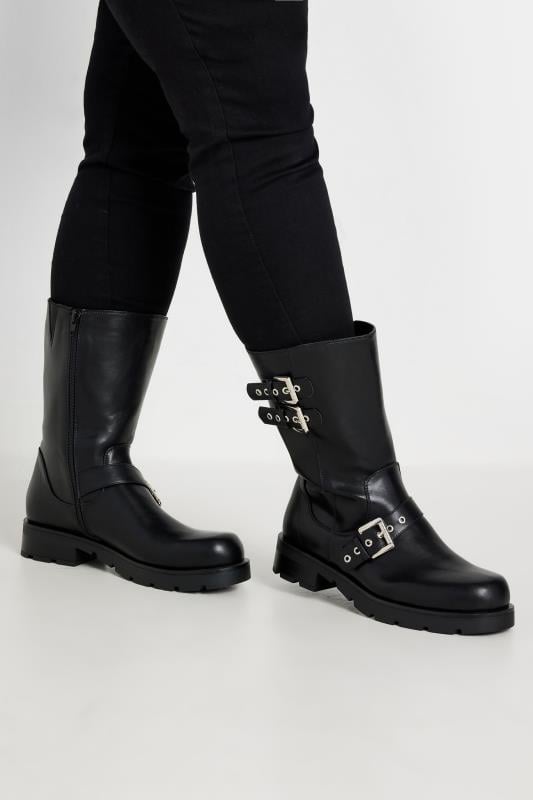 evans Yours Black Faux Leather Biker Calf Boots In Extra Wide EEE Fit