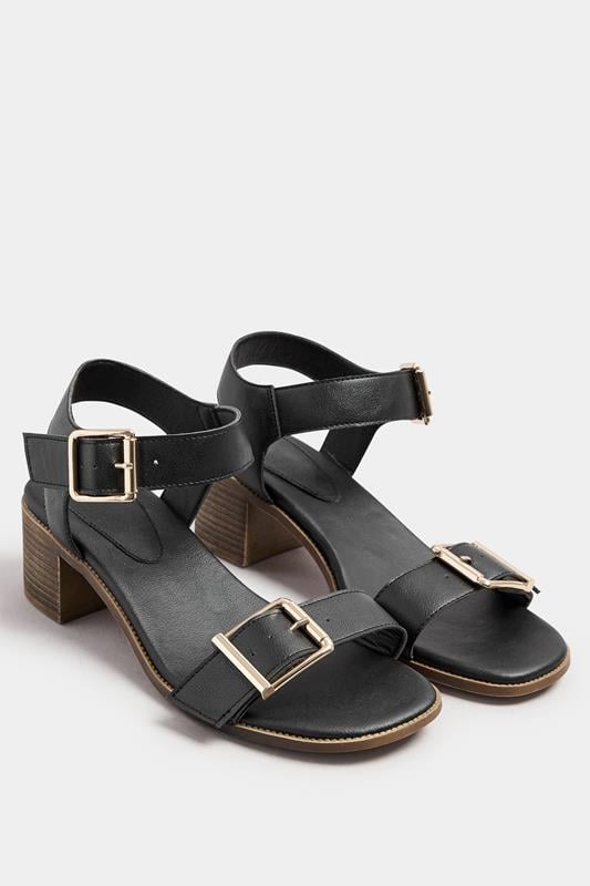 Evans Yours Black Faux Leather Buckle Block Heel Sandals In Wide E Fit & Extra Wide EEE Fit
