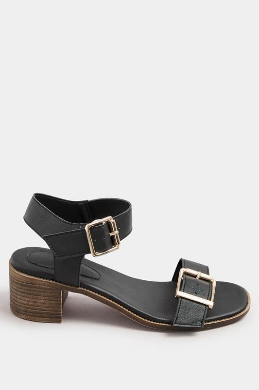 Evans Yours Black Faux Leather Buckle Block Heel Sandals In Wide E Fit & Extra Wide EEE Fit