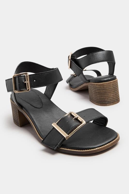 Evans Yours Black Faux Leather Buckle Block Heel Sandals In Wide E Fit & Extra Wide EEE Fit