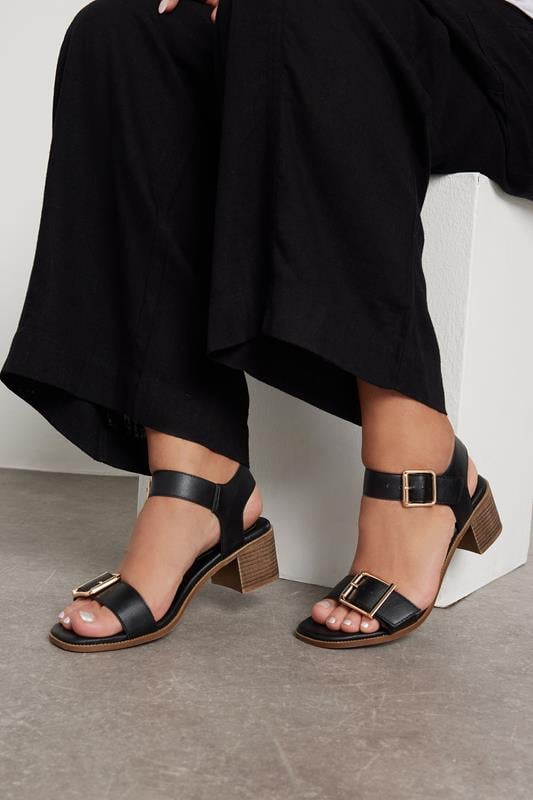 evans Yours Black Faux Leather Buckle Block Heel Sandals In Wide E Fit & Extra Wide EEE Fit