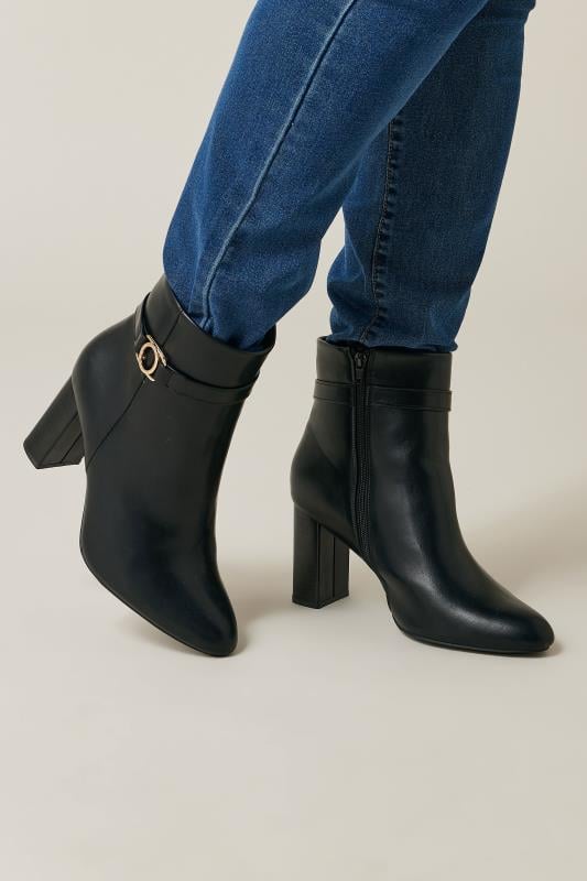 evans Yours Black Faux Leather Buckle Detail Ankle Boots In Extra Wide EEE Fit