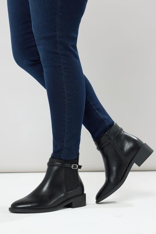 evans Yours Black Faux Leather Buckle Stretch Ankle Boots In Wide E Fit & Extra Wide EEE Fit
