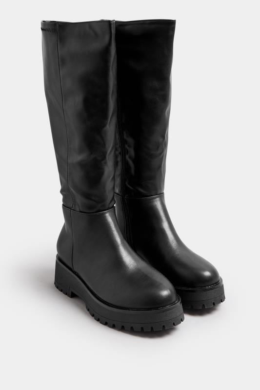 Evans Yours Black Faux Leather Chunky Knee High Boots In Wide E Fit & Extra Wide EEE Fit