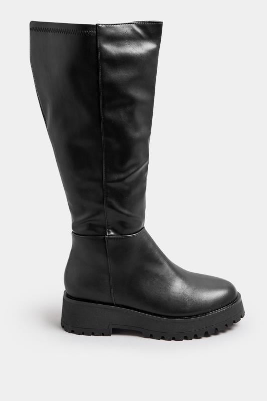 Evans Yours Black Faux Leather Chunky Knee High Boots In Wide E Fit & Extra Wide EEE Fit
