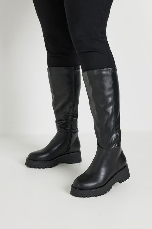 evans Yours Black Faux Leather Chunky Knee High Boots In Wide E Fit & Extra Wide EEE Fit