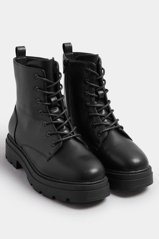 Evans Yours Black Faux Leather Chunky Lace Up Boots In Extra Wide EEE Fit