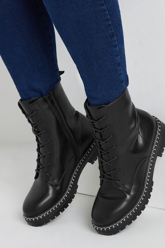 evans Yours Black Faux Leather Contrast Stitch Boots In Wide E Fit