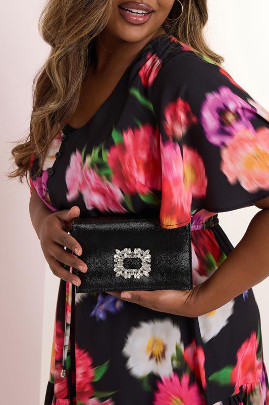 Evans Yours Black Faux Leather Diamante Buckle Clutch Bag