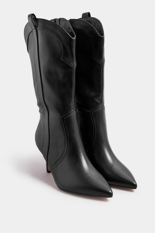 Evans Yours Black Faux Leather Heeled Cowboy Boots In Extra Wide EEE Fit