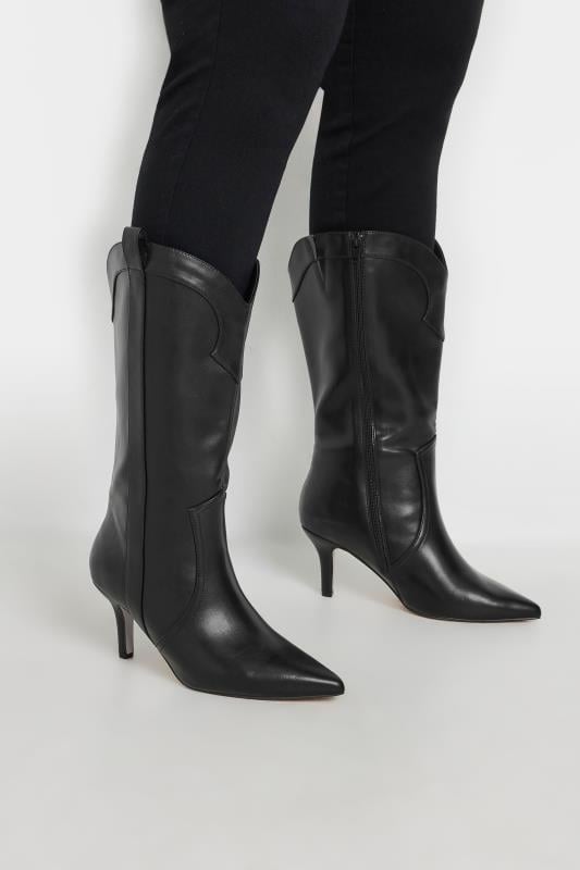 evans Yours Black Faux Leather Heeled Cowboy Boots In Extra Wide EEE Fit