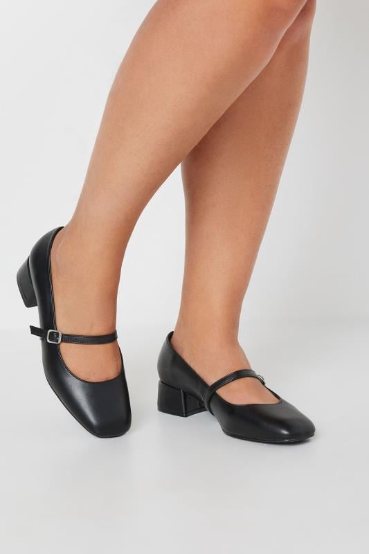 evans Yours Black Faux Leather Mary Jane Block Heels In Extra Wide EEE Fit