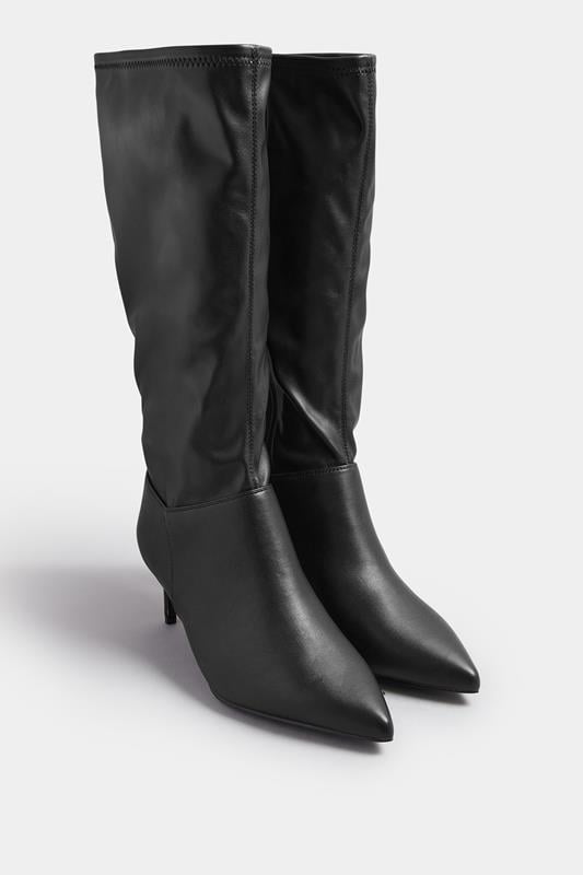 Evans Yours Black Faux Leather Pointed Kitten Heel Boots In Extra Wide EEE Fit